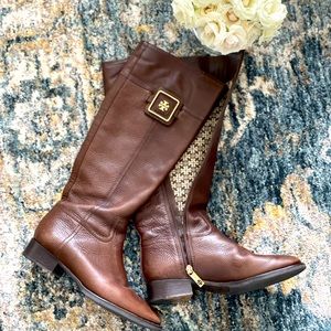 Tory Burch Brown Leather Riding Boot with Gold Hardware
